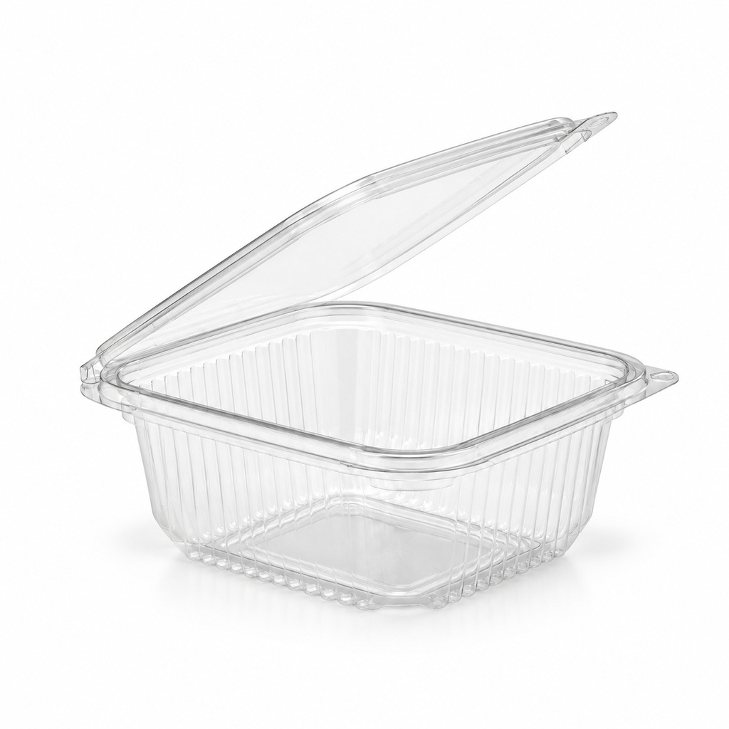 [00-2680] Barquette carré - 170z 500m! PET avec couvercle - charniére Transparent