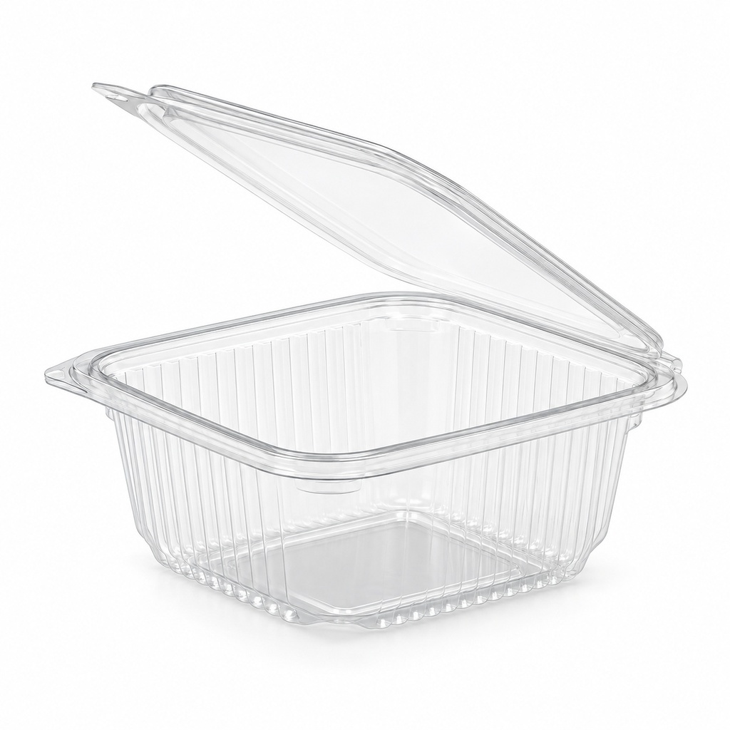 [00-2681] Barquette carré - 260z 750m! PET avec couvercle - charniére Transparent
