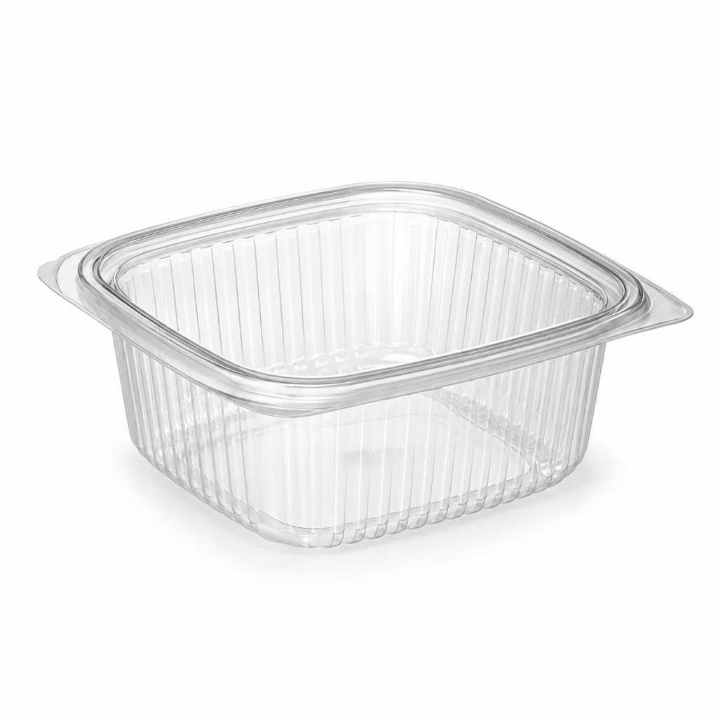 [00-2682] Barquette carré - 340z 1000ml avec couvercle - chamiére PET Transparent