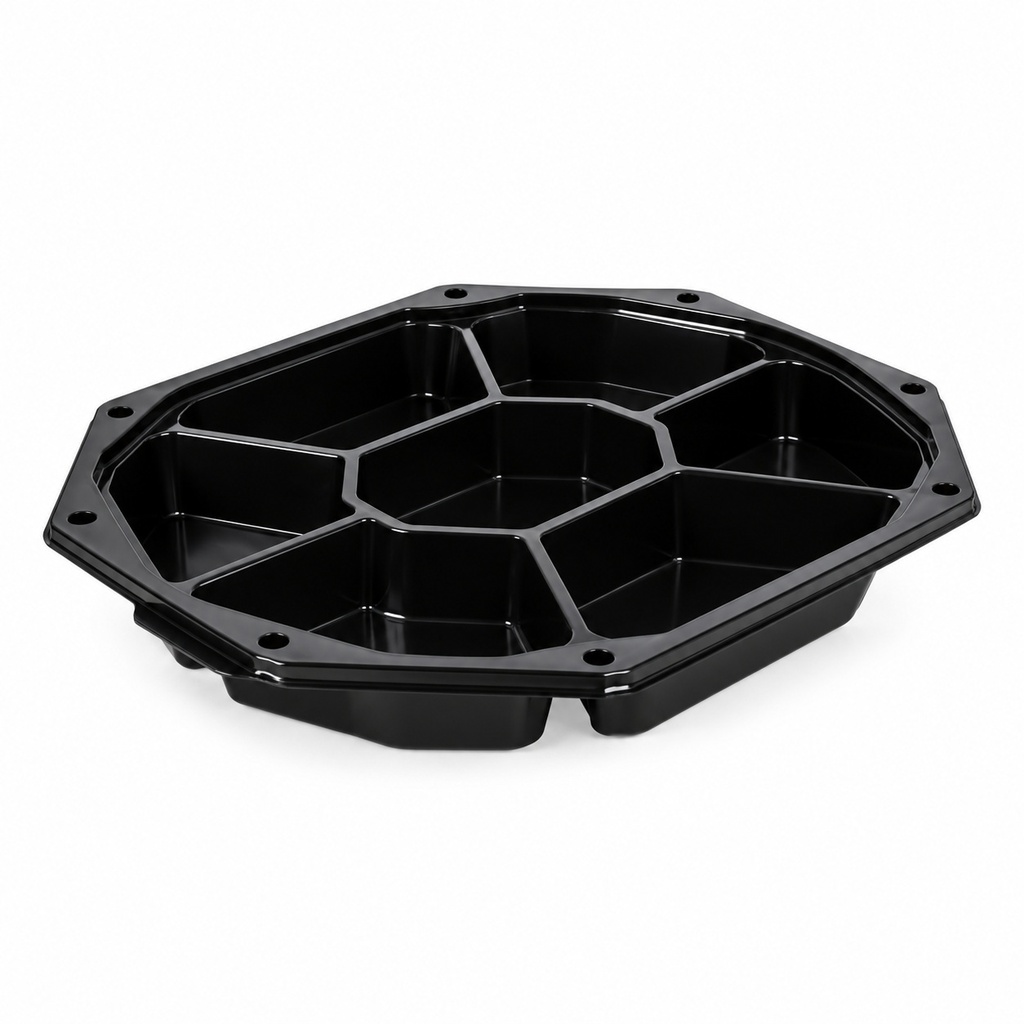 Plateau traiteur octogonal - noir 35 cm 7 compartiment PET