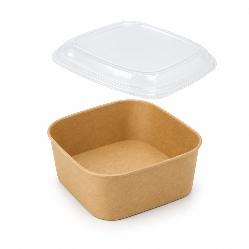 [00-2733] Saladier carton kraft carré - SALAD KRAFT 500 ml 1308 - Couvercle PET