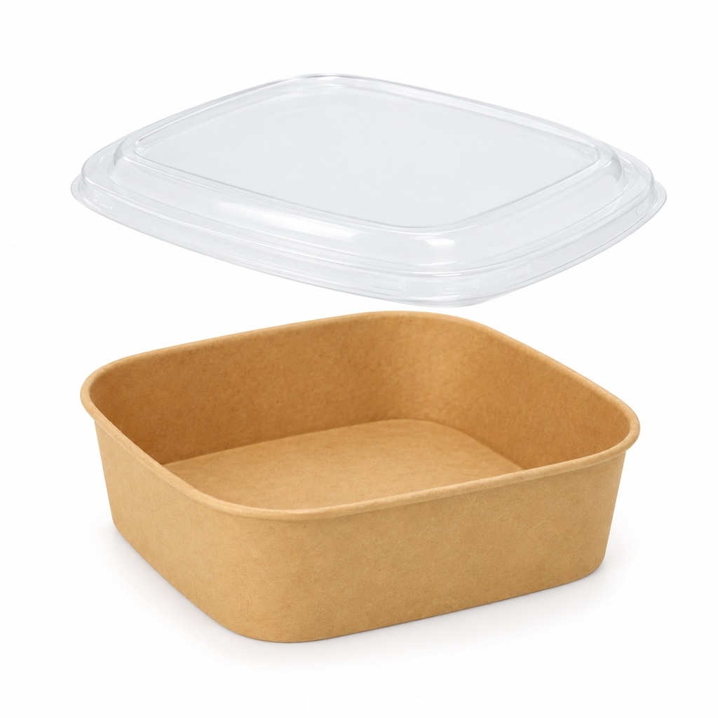 [00-2735] Saladier carton kraft carré - SALAD KRAF 1000 ml 170@ COMBI - Couvercle PET