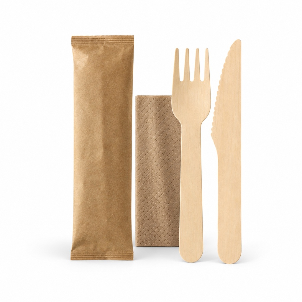 [00-2759] Set couverts bois 3 pièces - (fourchette+couteautserviette)