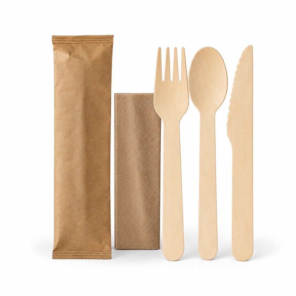 [00-2760] Set couverts bois 4 pièces - (fourchette+couteautcuilléretserviett - e)